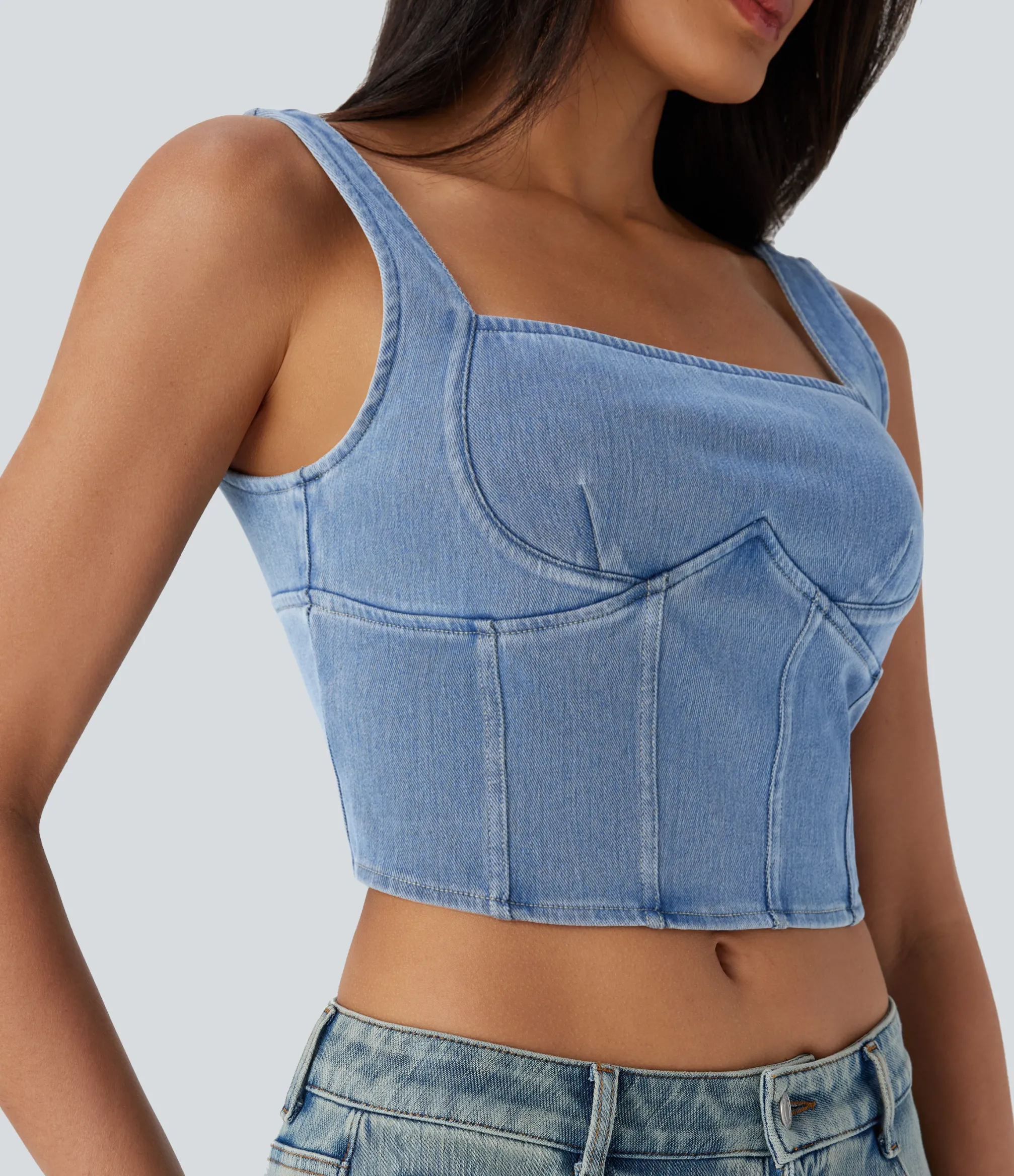 Casual Tops|Tank Tops & Camis<HALARA Flex™ Square Neck Corset Cropped Denim Casual Tank Top