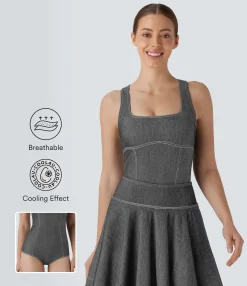 Sports Tops|Sports Tops<HALARA Flex™ Square Neck Racerback Cool Touch Washed Denim Tennis Bodysuit