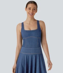 Sports Tops|Sports Tops<HALARA Flex™ Square Neck Racerback Cool Touch Washed Denim Tennis Bodysuit