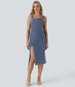 Denim Dresses|Denim Dresses<HALARA Flex™ Square Neck Sleeveless Back Zipper Midi Washed Denim Casual Dress