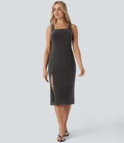 Denim Dresses|Denim Dresses<HALARA Flex™ Square Neck Sleeveless Back Zipper Midi Washed Denim Casual Dress
