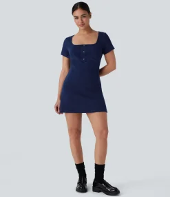 Denim Dresses|Denim Dresses<HALARA Flex™ Square Neck Snap Mini Denim Casual Dress