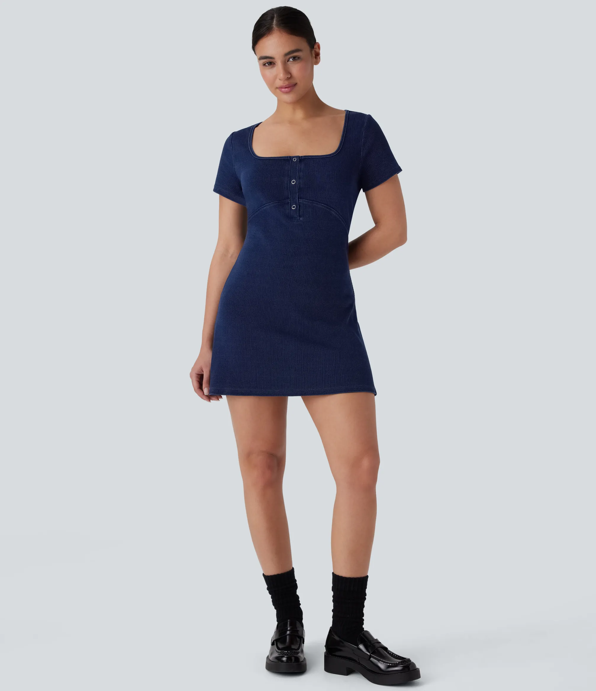 Denim Dresses|Denim Dresses<HALARA Flex™ Square Neck Snap Mini Denim Casual Dress