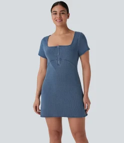 Denim Dresses|Denim Dresses<HALARA Flex™ Square Neck Snap Mini Denim Casual Dress
