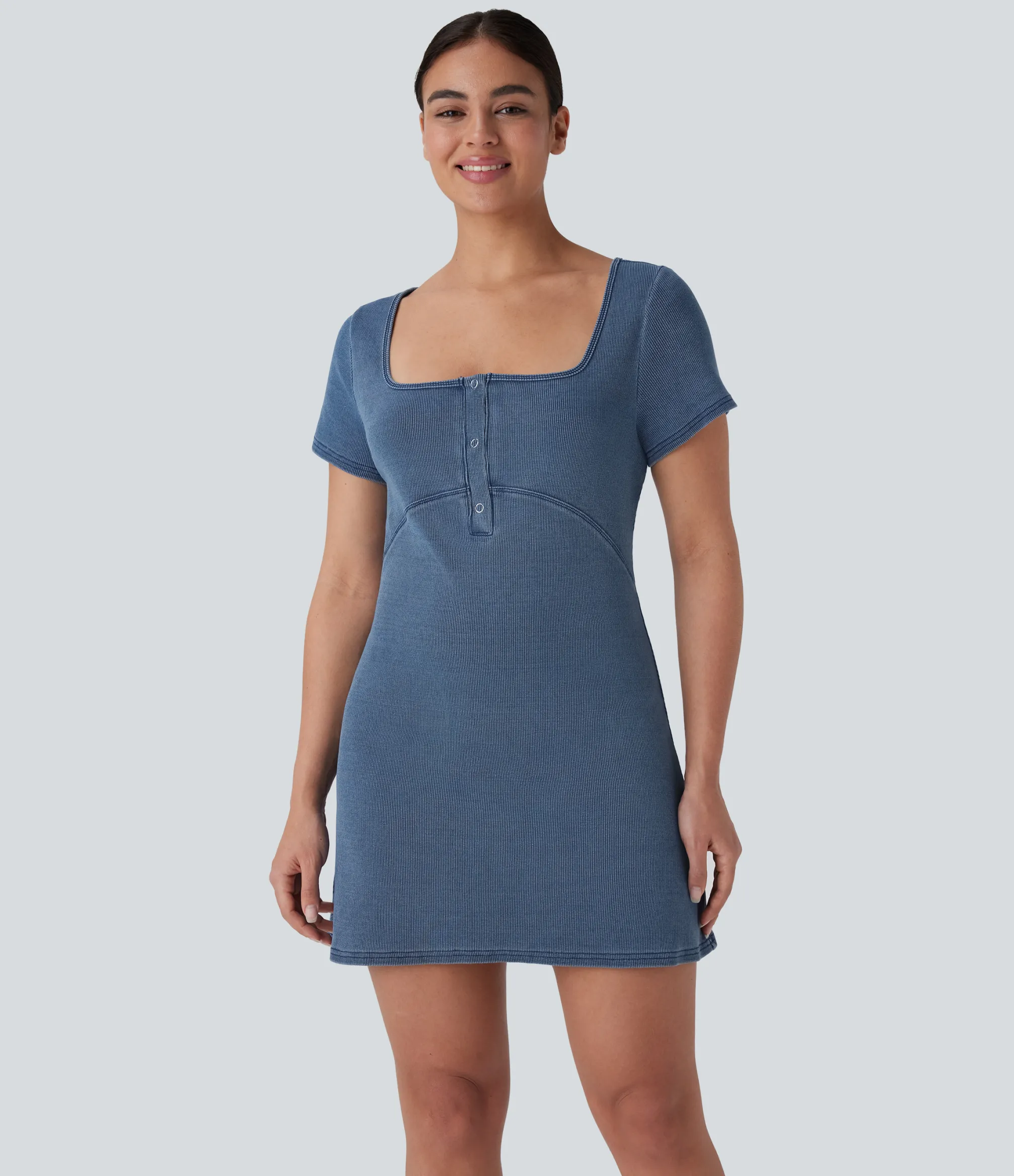 Denim Dresses|Denim Dresses<HALARA Flex™ Square Neck Snap Mini Denim Casual Dress