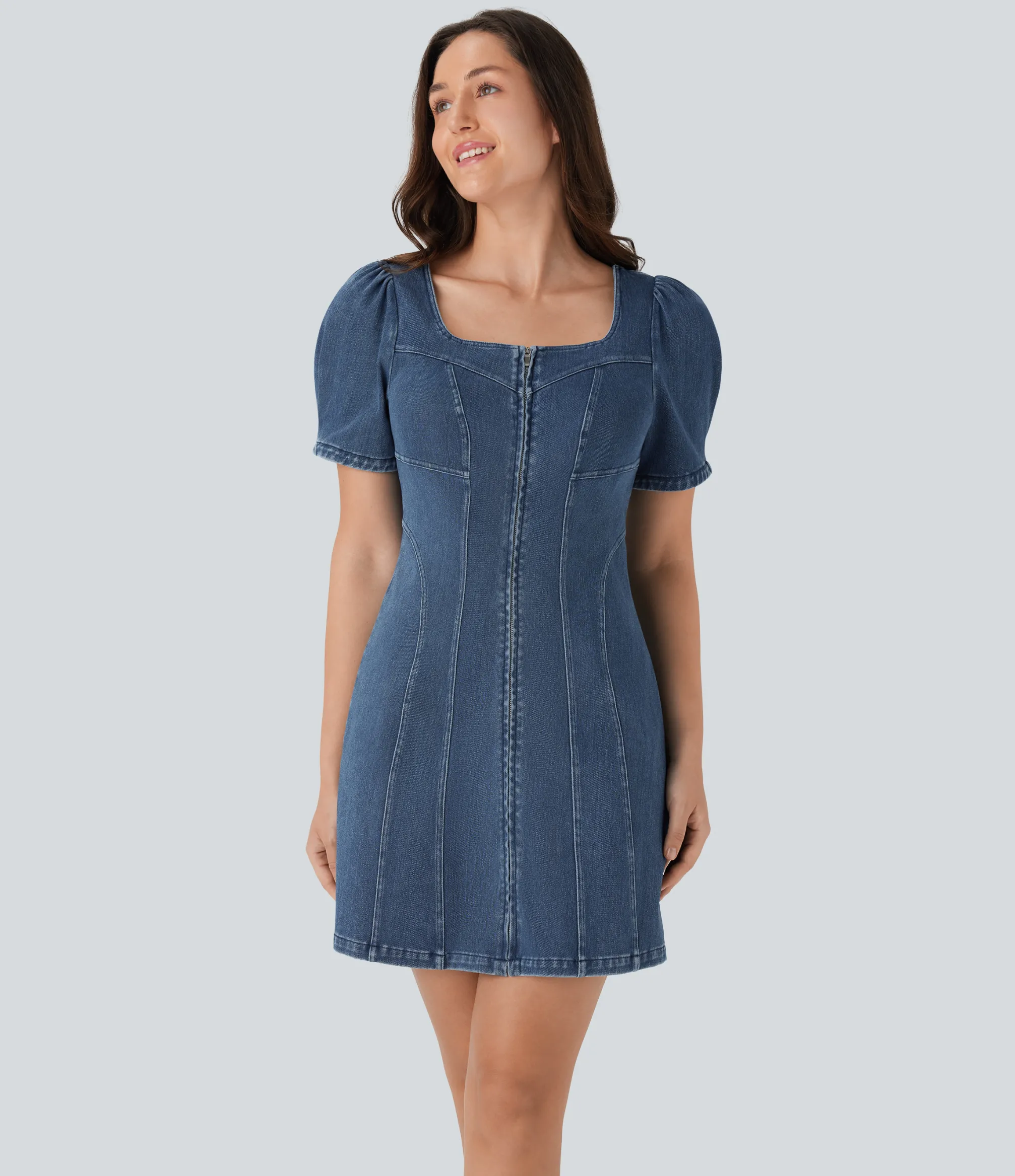 Denim Dresses|Denim Dresses<HALARA Flex™ Square Neck Short Sleeve Zipper Denim Mini Casual Dress