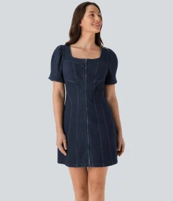 Denim Dresses|Denim Dresses<HALARA Flex™ Square Neck Short Sleeve Zipper Denim Mini Casual Dress