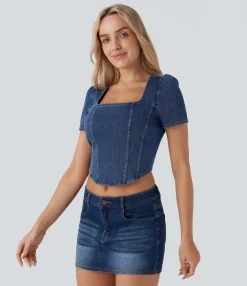 Casual Tops|Shirts Blouses<HALARA Flex™ Square Neck Short Sleeve Curved Hem Denim Cropped Casual Blouse