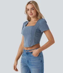 Casual Tops|Shirts Blouses<HALARA Flex™ Square Neck Short Sleeve Curved Hem Denim Cropped Casual Blouse