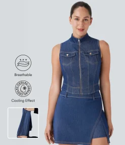 Tank Tops & Camis|Tank Tops<HALARA Flex™ Stand Collar Zipper Cool Touch Washed Denim Tennis Tank Top