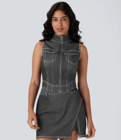 Tank Tops & Camis|Tank Tops<HALARA Flex™ Stand Collar Zipper Cool Touch Washed Denim Tennis Tank Top