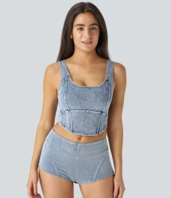 Casual Tops|Tank Tops & Camis<HALARA Flex™ U Neck Corset Curved Hem Denim Cropped Casual Tank Top
