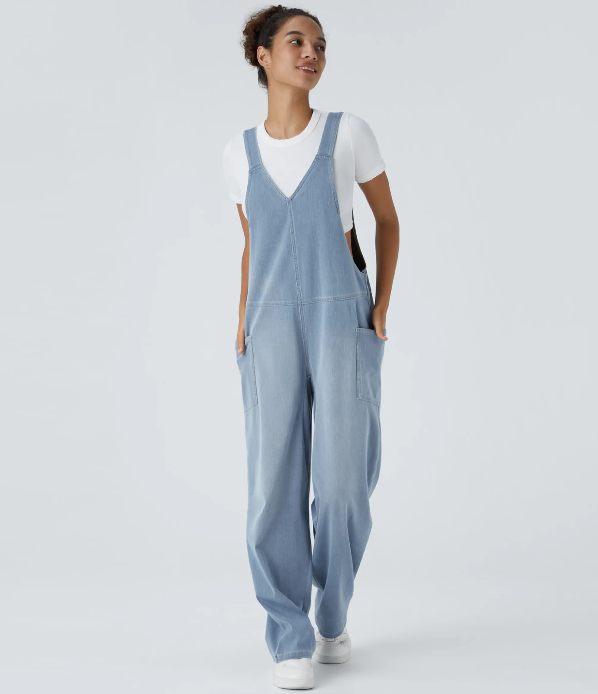 Jumpsuits<HALARA Flex™ V Neck Pocket Washed Denim Casual Overalls