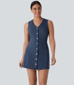 Denim Dresses|Denim Dresses<HALARA Flex™ V Neck Sleeveless Denim Mini Casual Dress