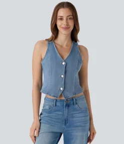 Casual Tops|Tank Tops & Camis<HALARA Flex™ V Neck Washed Denim Casual Vest