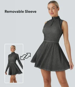 Denim Dresses|Denim Dresses<HALARA Flex™ Zipper Removable Sleeve Thumb Hole Flare Mini Cool Touch Washed Denim Tennis Active Dress