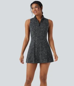 Active Dresses|Dresses<HALARA UltraSculpt™ Leopard Print Polo Neck Half Zipper Sleeveless Micro Tennis Active Dress with Pockets