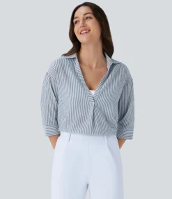 Work Tops|Shirts Blouses<HALARA Half Sleeve Curved Hem Stripe Work Blouse