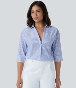 Work Tops|Shirts Blouses<HALARA Half Sleeve Curved Hem Stripe Work Blouse