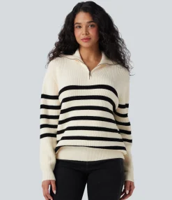 Sweaters<HALARA Half Zip Lapel Color Block Striped Casual Sweater