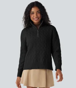 Sweaters<HALARA Half Zip Mock-neck Cable Knit Work Sweater