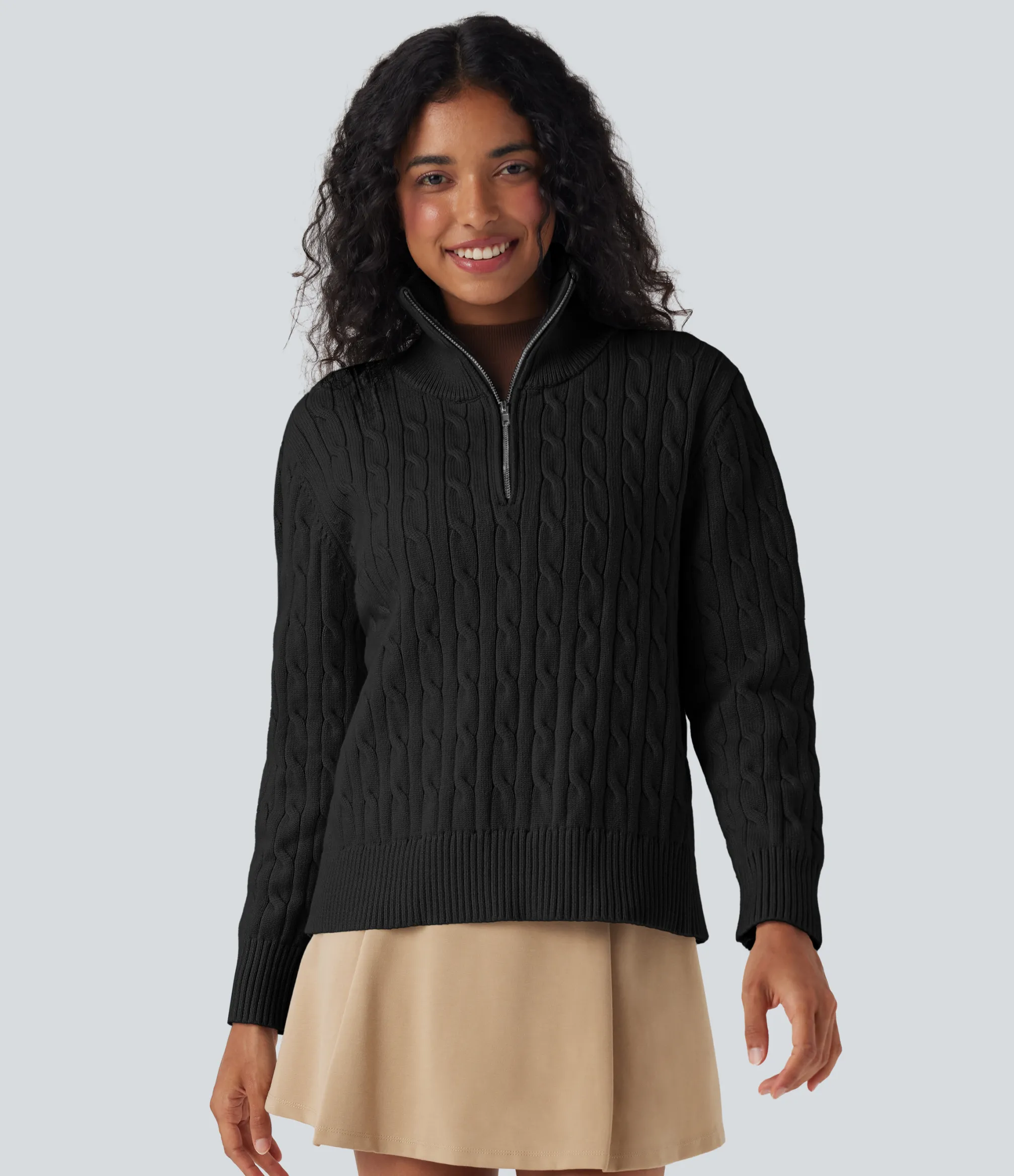 Sweaters<HALARA Half Zip Mock-neck Cable Knit Work Sweater