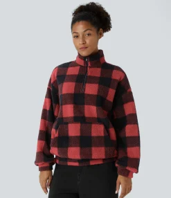 Sweatshirts & Hoodies<HALARA Half Zipper Dropped Shoulder Kangaroo Pocket Plaid Fleece Relaxed Casual Sweatshirt