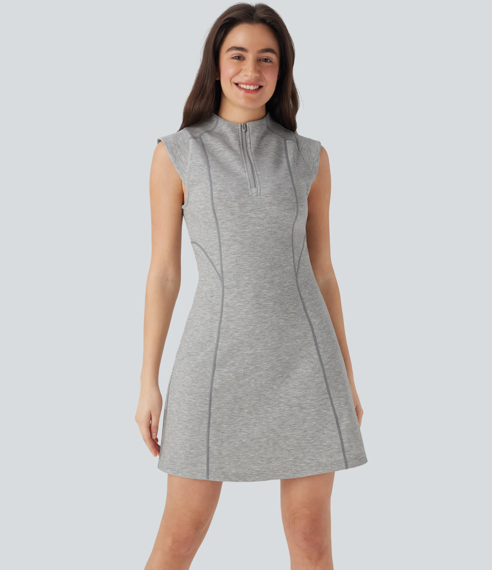 Dresses|Mini Dresses<HALARA Half Zipper Stand Collar Sleeveless Top-stitching Mini Tennis Active Dress