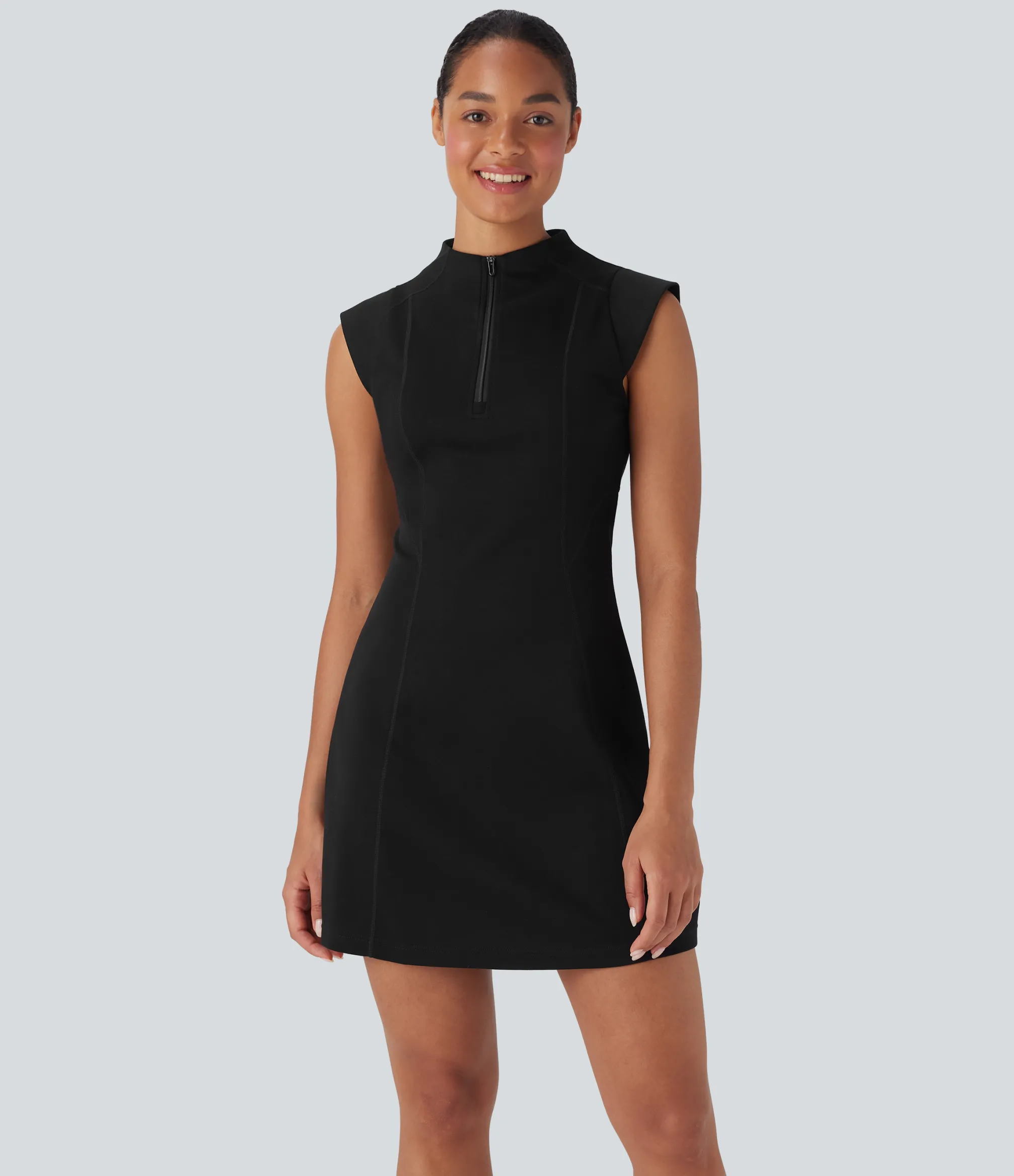 Dresses|Mini Dresses<HALARA Half Zipper Stand Collar Sleeveless Top-stitching Mini Tennis Active Dress