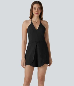 Jumpsuits<HALARA Halter Crossover Hem Casual Linen-Feel Jumpuit