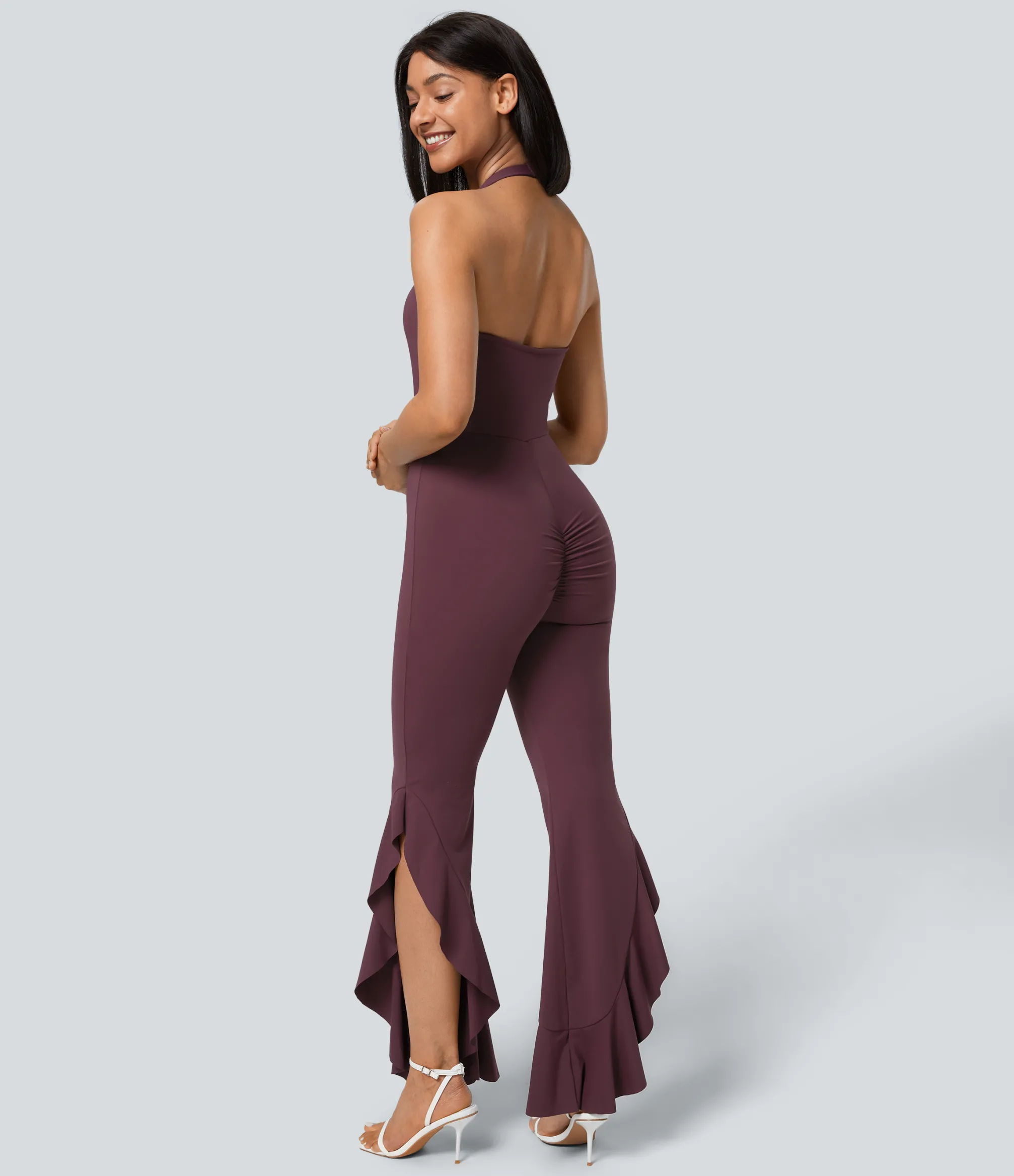 Jumpsuits<HALARA Halter G-Hook Ruched Asymmetric Ruffle Skinny Casual Jumpsuit