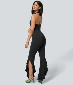 Jumpsuits<HALARA Halter G-Hook Ruched Asymmetric Ruffle Skinny Casual Jumpsuit