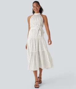 Maxi & Midi Dresses|Dresses<HALARA Halter Keyhole Back Belted Polka Dot Flowy Midi Dress with Pockets