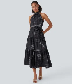 Maxi & Midi Dresses|Dresses<HALARA Halter Keyhole Back Belted Polka Dot Flowy Midi Dress with Pockets