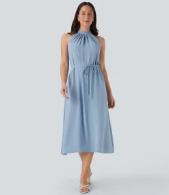 Maxi & Midi Dresses|Dresses<HALARA Halter Keyhole Back Belted Midi Casual Dress with Pockets