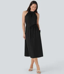 Maxi & Midi Dresses|Dresses<HALARA Halter Keyhole Back Belted Midi Casual Dress with Pockets