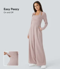 Jumpsuits<HALARA Halter Long Sleeve Buckle Pocket Wide Leg Casual Jumpsuit-Easy Peezy