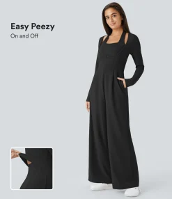 Jumpsuits<HALARA Halter Long Sleeve Buckle Pocket Wide Leg Casual Jumpsuit-Easy Peezy