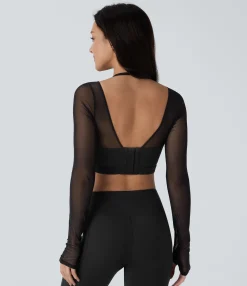 Yoga Tops|Sports Tops<HALARA Halter Long Sleeve Thumb Hole Contrast Mesh 2-in-1 Cropped Yoga Sports Top