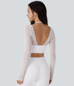 Yoga Tops|Sports Tops<HALARA Halter Long Sleeve Thumb Hole Contrast Mesh 2-in-1 Cropped Yoga Sports Top