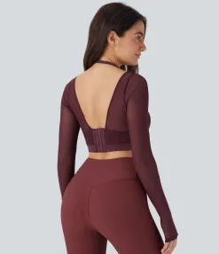Yoga Tops|Sports Tops<HALARA Halter Long Sleeve Thumb Hole Contrast Mesh 2-in-1 Cropped Yoga Sports Top