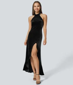 Maxi & Midi Dresses|Party Dresses<HALARA Halter Neck Ruffle Hem Velvet Maxi Dress