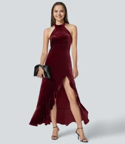 Maxi & Midi Dresses|Party Dresses<HALARA Halter Neck Ruffle Hem Velvet Maxi Dress