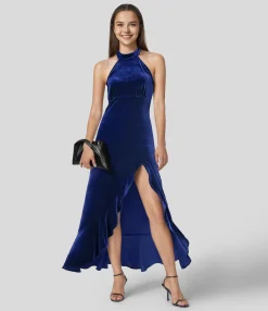 Maxi & Midi Dresses|Party Dresses<HALARA Halter Neck Ruffle Hem Velvet Maxi Dress