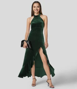 Maxi & Midi Dresses|Party Dresses<HALARA Halter Neck Ruffle Hem Velvet Maxi Dress