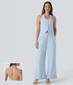 Jumpsuits<HALARA Halter Shirred Wide Leg Work Jumpsuit with Pockets