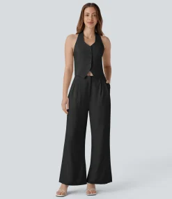 Jumpsuits<HALARA Halter Shirred Wide Leg Work Jumpsuit with Pockets