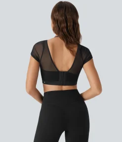 Sports Tops|Sports Tops<HALARA Halter Short Sleeve Contrast Mesh 2-in-1 Cropped Yoga Sports Top