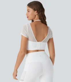 Sports Tops|Sports Tops<HALARA Halter Short Sleeve Contrast Mesh 2-in-1 Cropped Yoga Sports Top