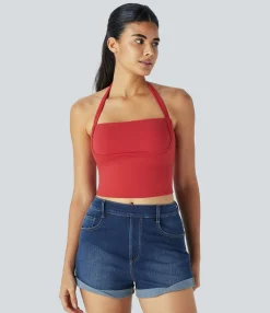 Tank Tops & Camis|Casual Tops<HALARA Halter Tie Back Cropped Casual Tank Top